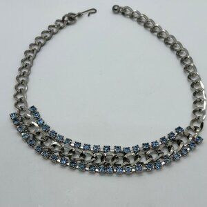 Vintage 1950s Light Blue Rhinestone Choker Necklace 14" Silver Tone Statement